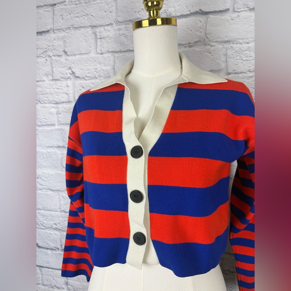 Zara Striped Knit Navy/Red Cardigan size S - Picture 4 of 8